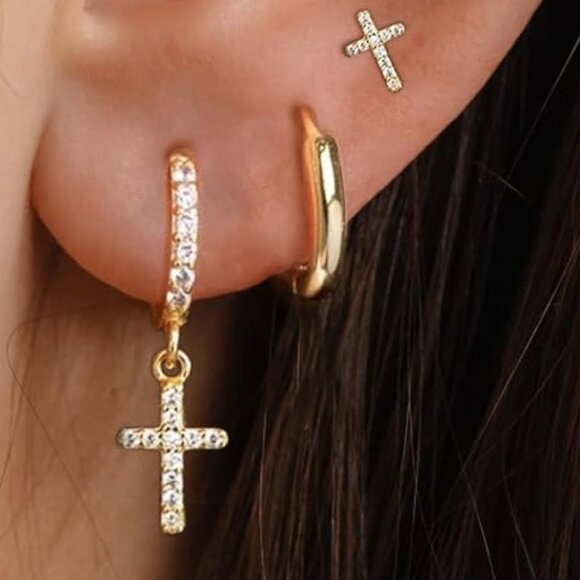 14k CROSS EARRINGS (SET OF 3) - Gold Plated over Brass - Picture 1 of 6